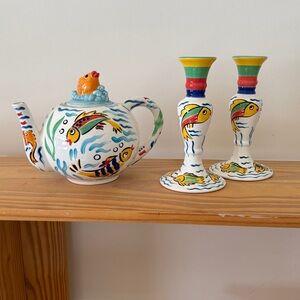 LES TROPIQUES HAND PAINTED FISH TEAPOT with MATCHING CANDLESTICKS